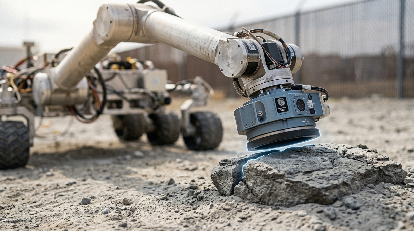 A rover engineering model's robotic arm lowering an instrument turret toward a rock target on simulant regolith, the turret's contact ring a finger-width from the surface