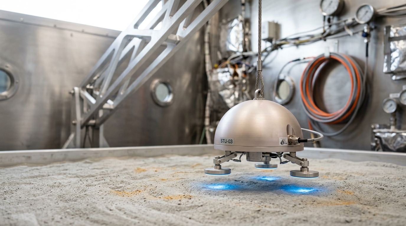 A dome-shaped seismometer test unit being lowered onto a bed of simulant regolith in an environmental test cell, its levelling feet not yet settled