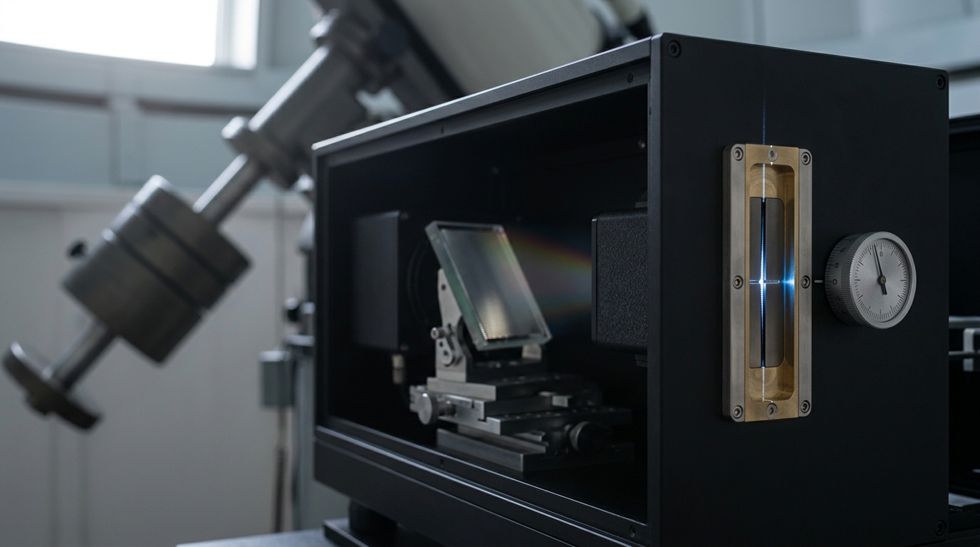 A bench spectrograph in a telescope control room, its narrow entrance slit catching a thin line of light still sliding across it as the dome tracks