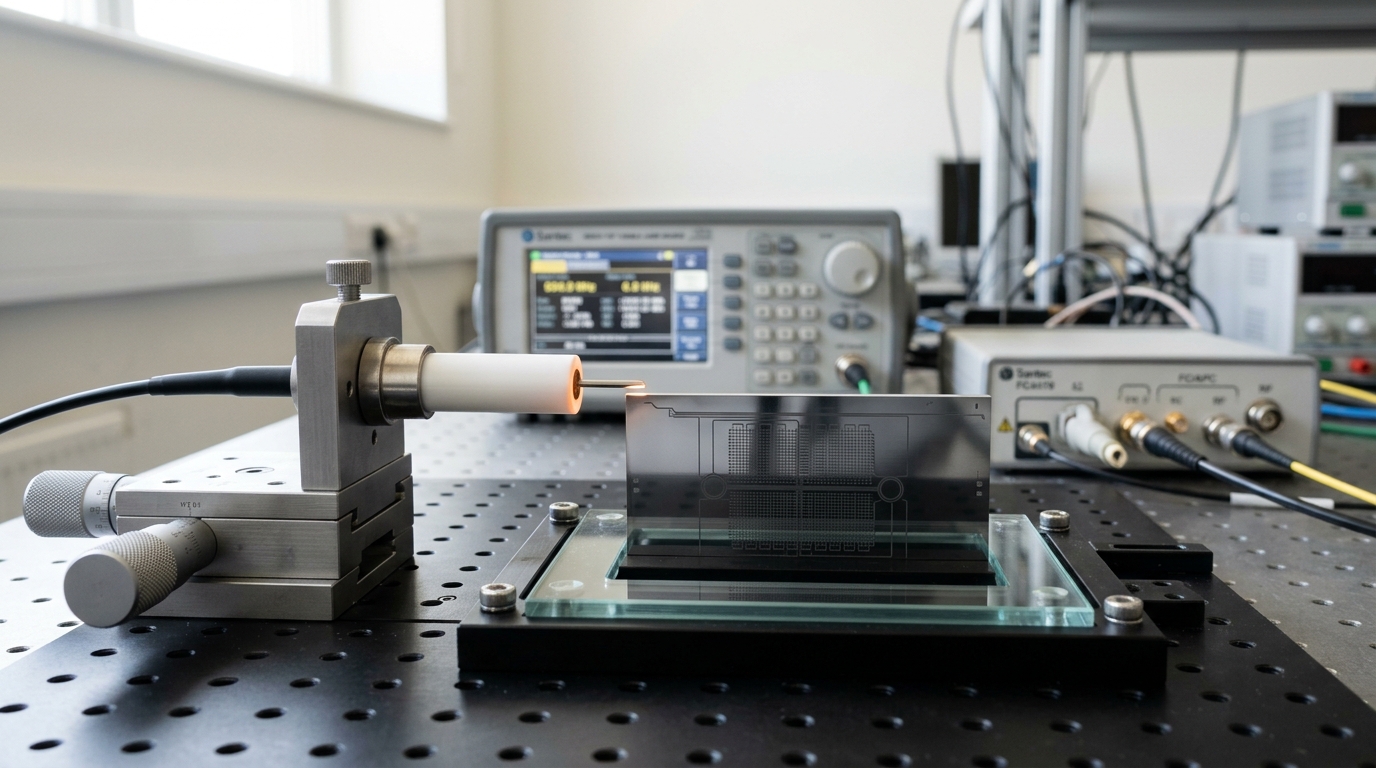 A photonic accelerator test bench with an optical fiber's ceramic ferrule caught just short of a waveguide chip's edge coupler, not yet butt-coupled