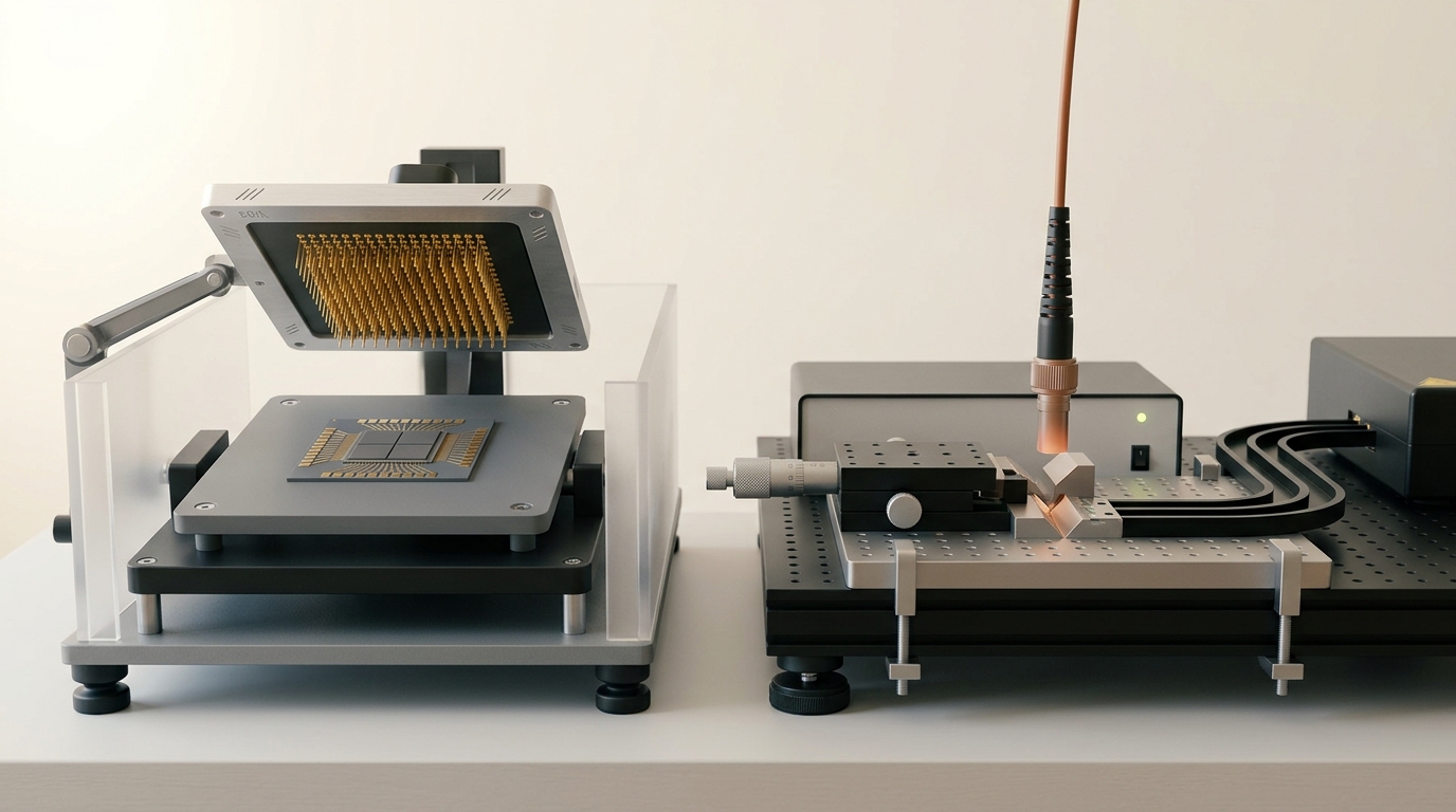 A neuromorphic chip test rig standing beside a photonic accelerator bench, its fiber-array connector caught mid-lower toward an alignment groove while the neuromorphic probe card sits retracted alongside