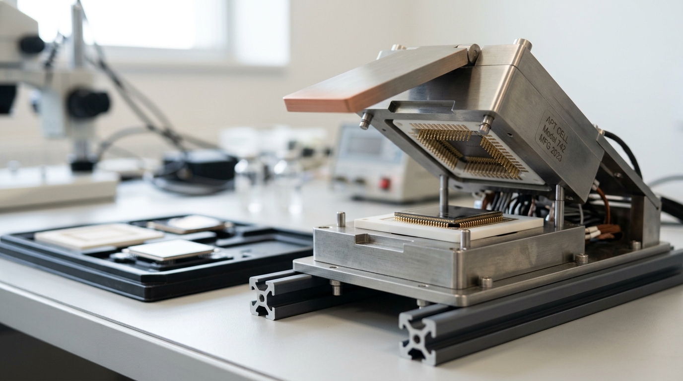 A conventional advanced-packaging test cell with a socket lid arm caught mid-close over a chiplet module, the module's interposer edge still visible in the gap before the lid seats
