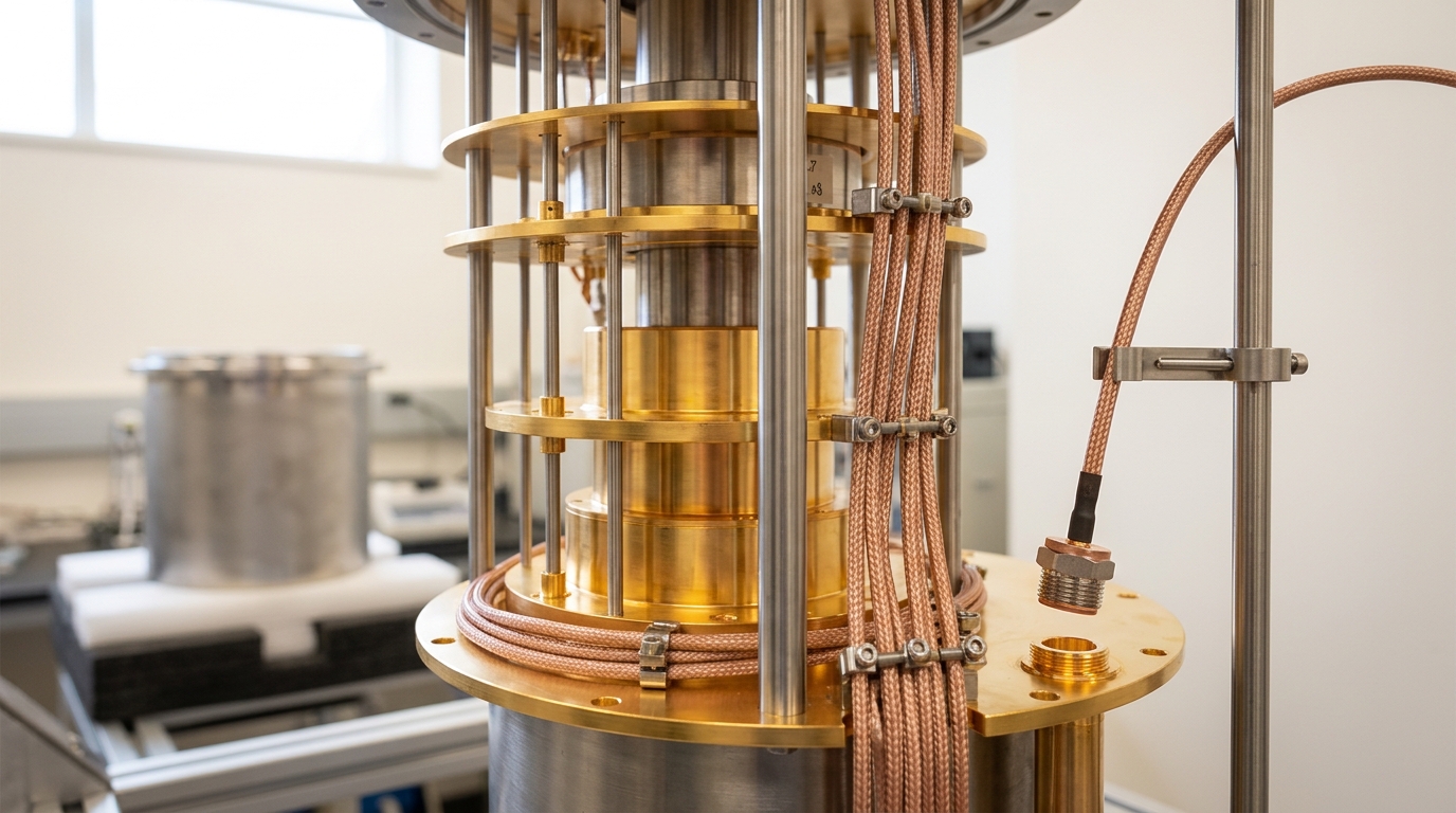 An opened dilution refrigerator with a copper coaxial line held just short of the mixing-chamber stage, its connector not yet torqued home
