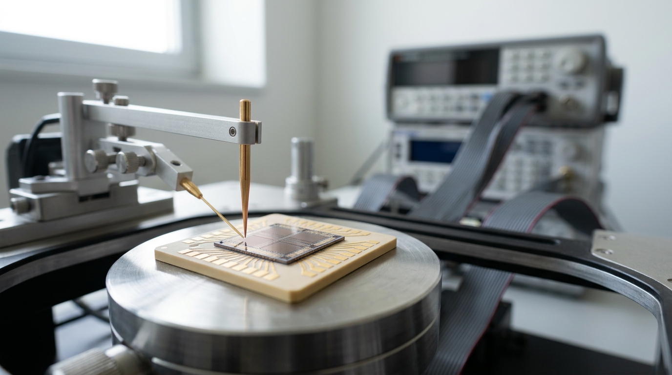 A neuromorphic chip test rig with a fine micro-probe needle lowered toward a bond pad on a spiking chip, the needle's tip still a hair's width above contact