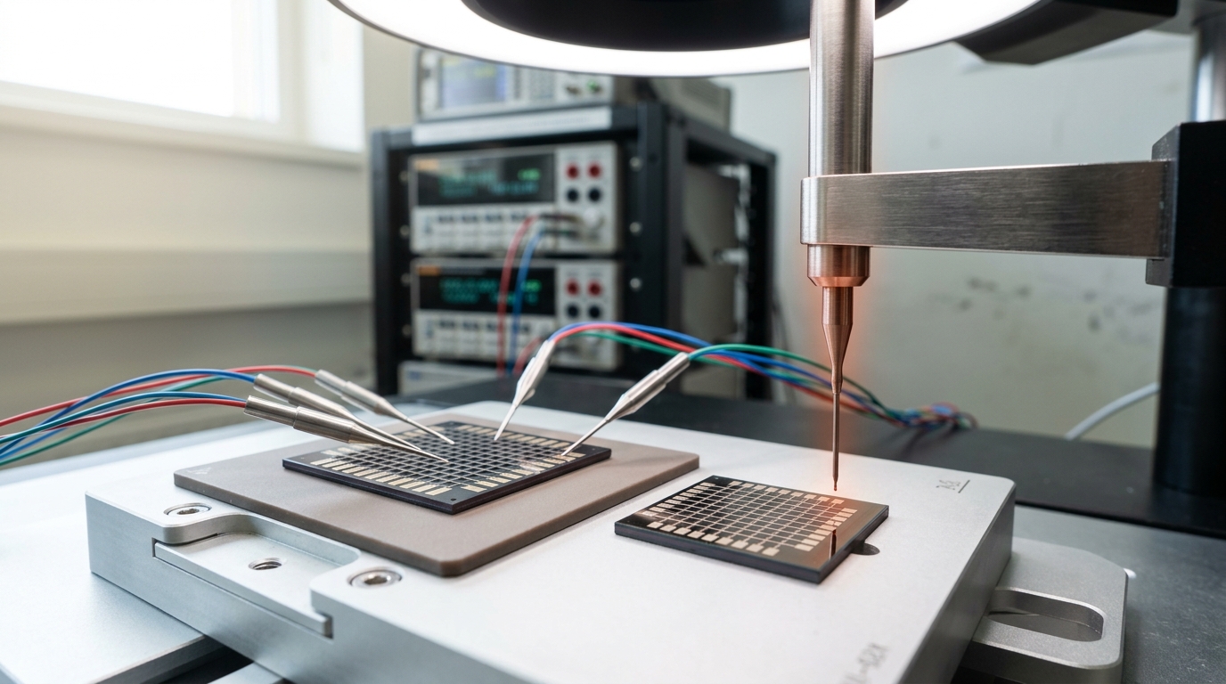 A memristor-crossbar characterization bench with a source-measure probe arm descending toward a row electrode on a crossbar die, the tip not yet landed