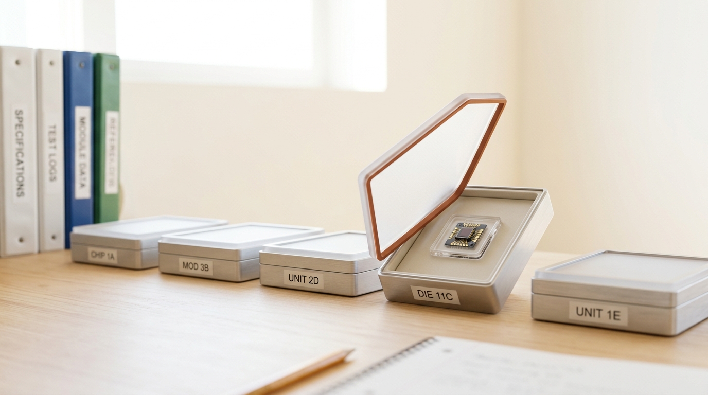 A maturity-assessment research desk with small specimen trays holding reference samples from different compute approaches, one tray's lid caught mid-lift