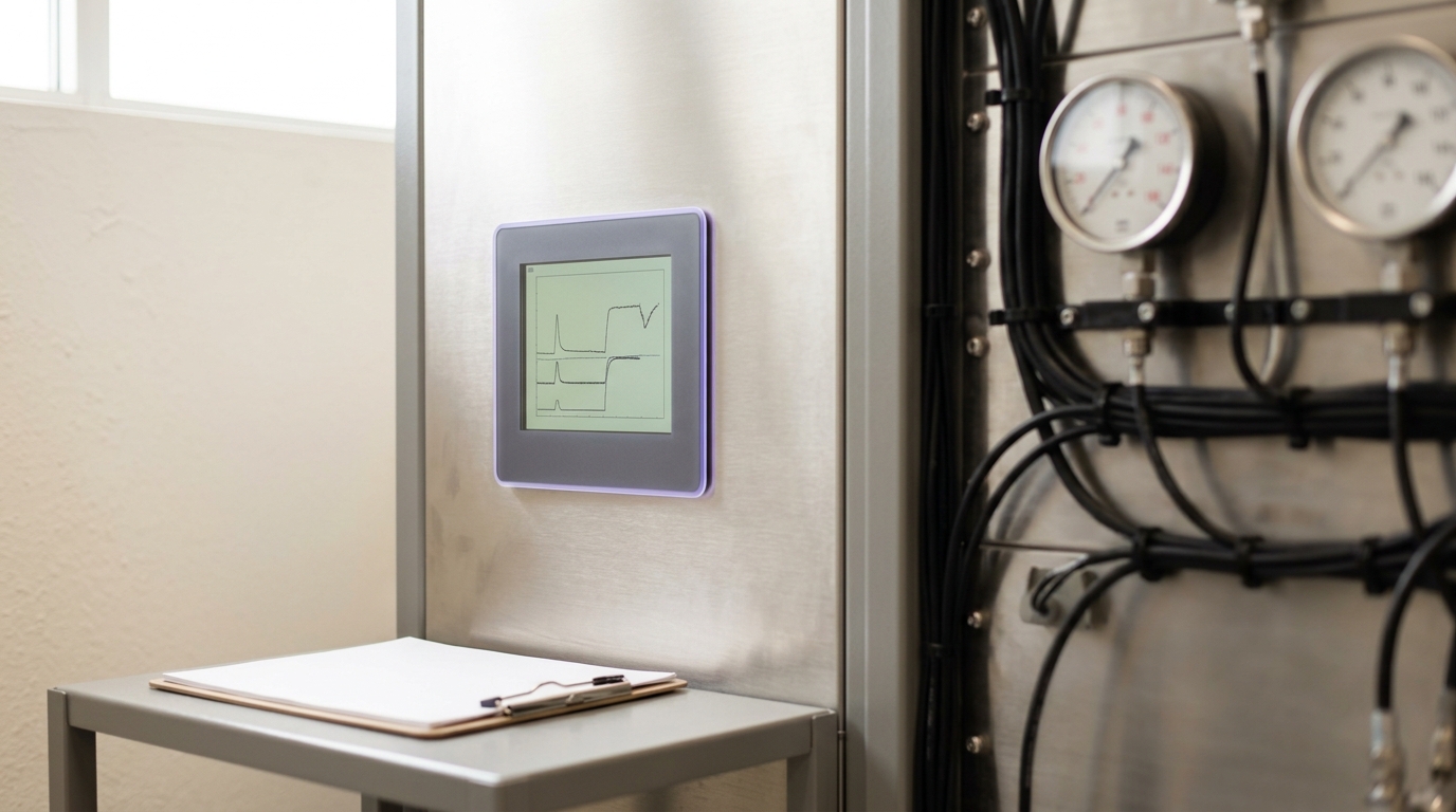 A control rack with a small embedded screen showing live housekeeping traces, a technician's clipboard resting on a nearby shelf.