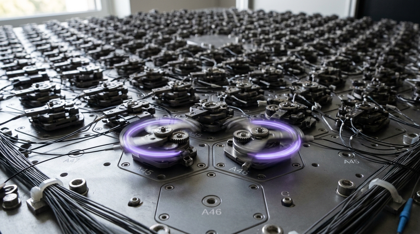 A dense array of small robotic fiber positioners on a focal plane, most parked, a few still rotating into position.