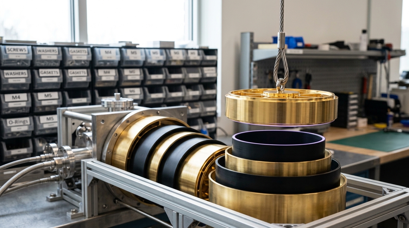 A stack of nested radiation shields for a cryostat, partially assembled, one shield still lowered on a hoist above the stack.