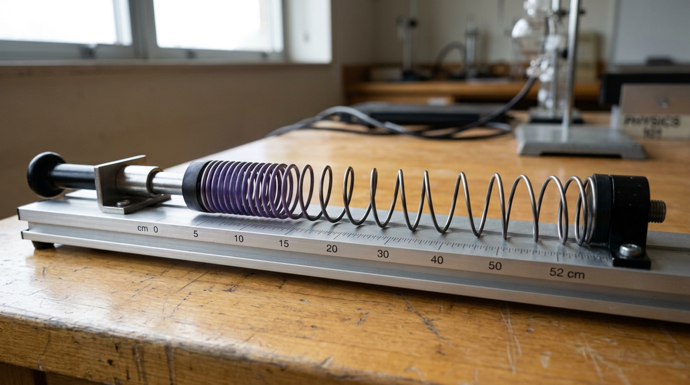 A benchtop analog demonstration rig with a spring-loaded plunger caught mid-release above a track.