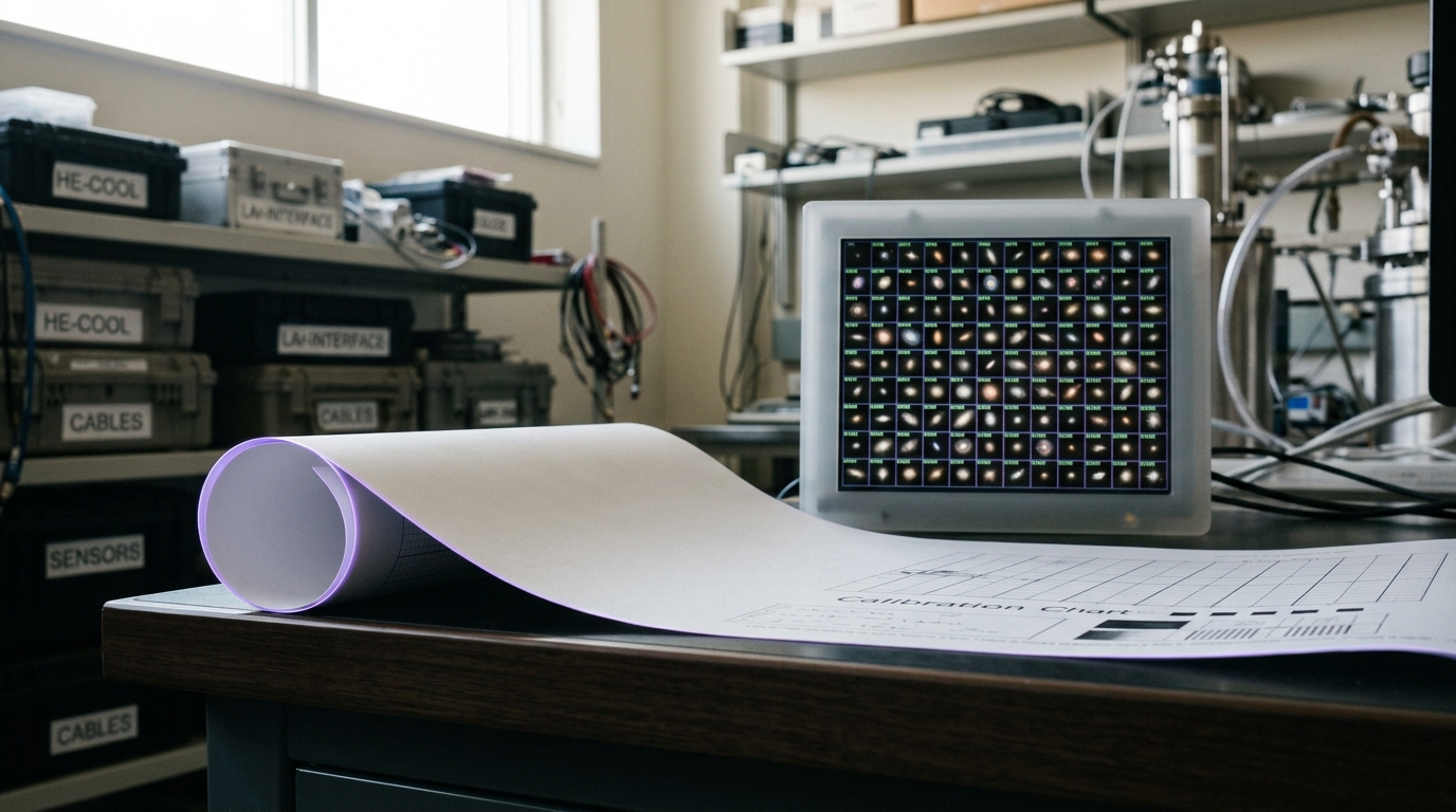 A workstation desk with a small embedded monitor showing galaxy postage stamps, a printed calibration chart half-rolled beside it.