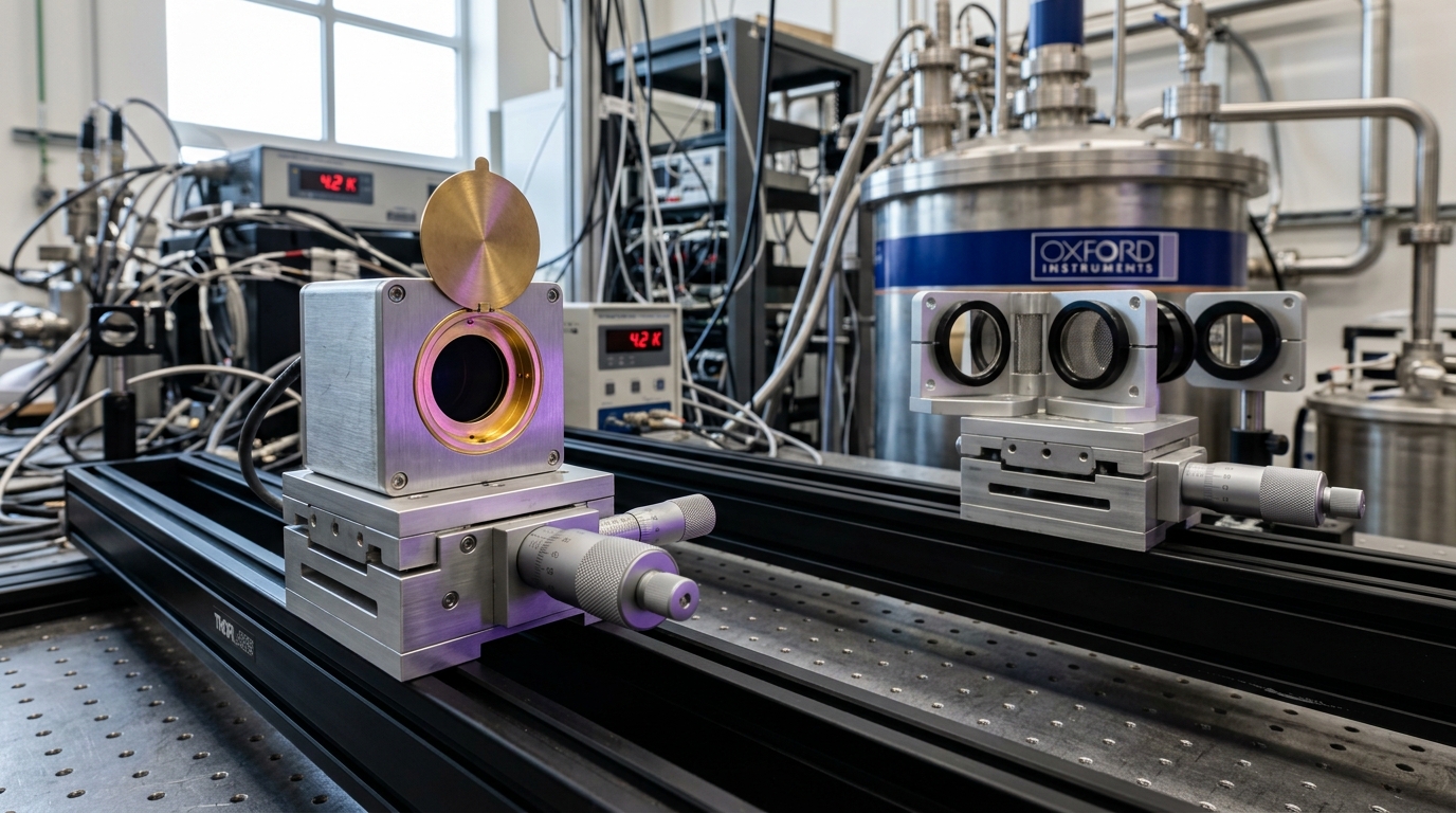 Two optical benches side by side, one holding a small calibration source and one holding a folded quasi-optical filter stack.