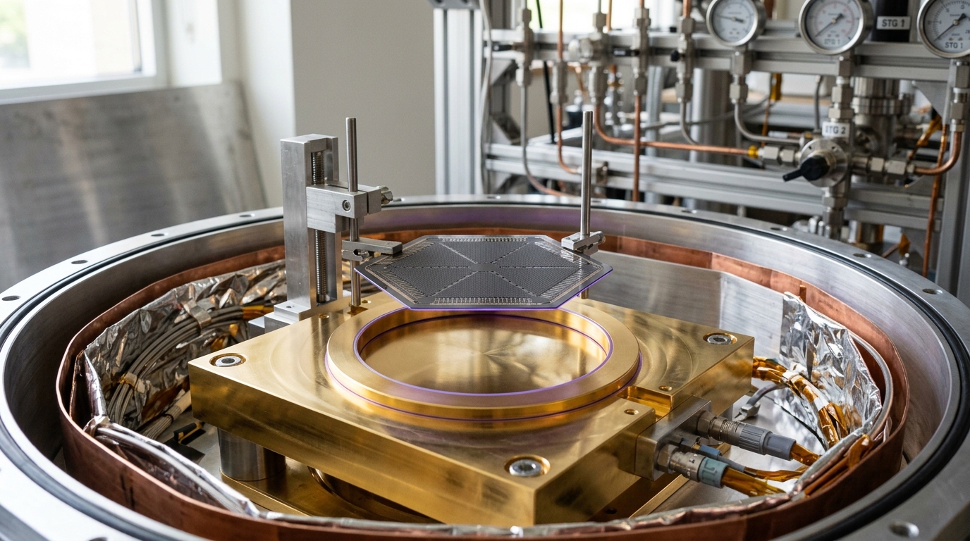 A gloved-arm-free robotic lift lowering a detector wafer toward an open cryostat stage, caught just before contact.