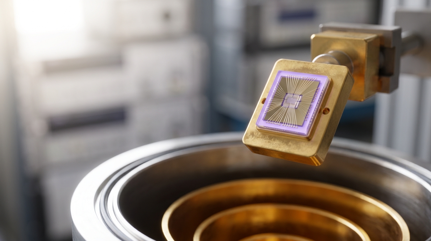 A superconducting qubit chip in its gold-plated sample holder, wire bonds glinting, held just above the open cryostat bore before final seating