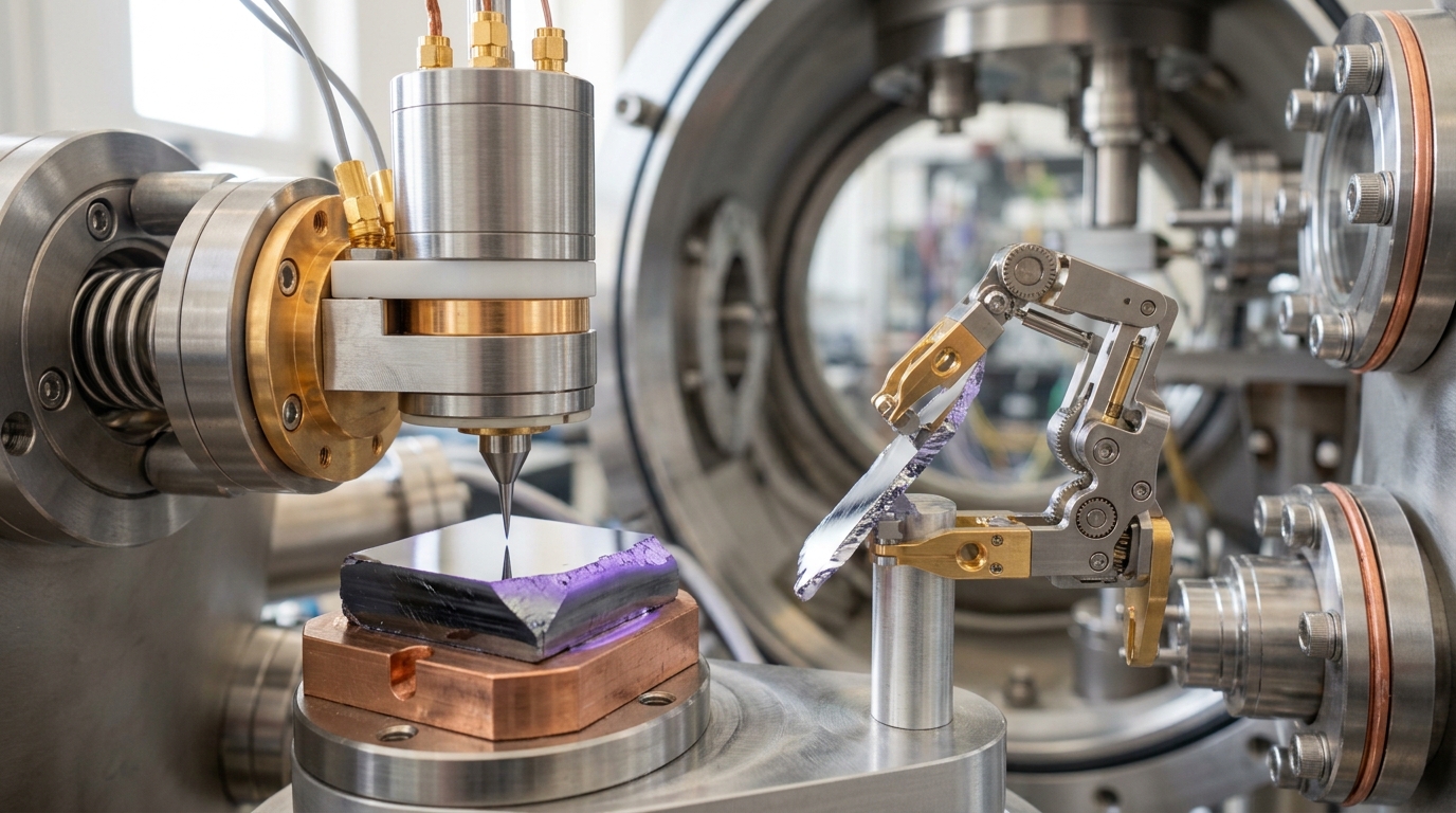 A scanning tunneling microscope tip on its damped stage inside a UHV chamber, closing in on a freshly cleaved crystal whose top layer has just sheared away on the cleaving post beside it