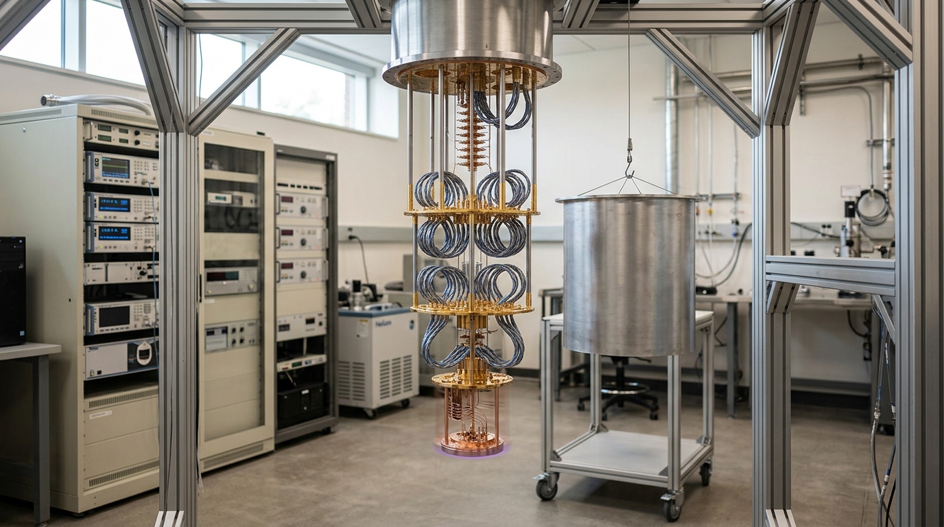 A tiered dilution-refrigerator cryostat hanging inside its open radiation shields, its lowest gold-plated copper stage still swinging faintly on its support wires as the outer shield is lifted clear