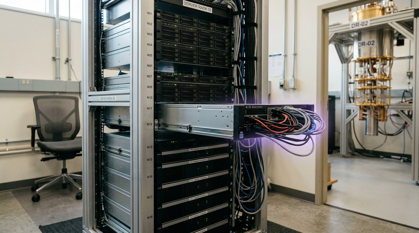 A rack of computer nodes in the equipment room beside the cryostat, one drawer half-slid open mid-installation with its cable bundle still loose and not yet dressed into the loom