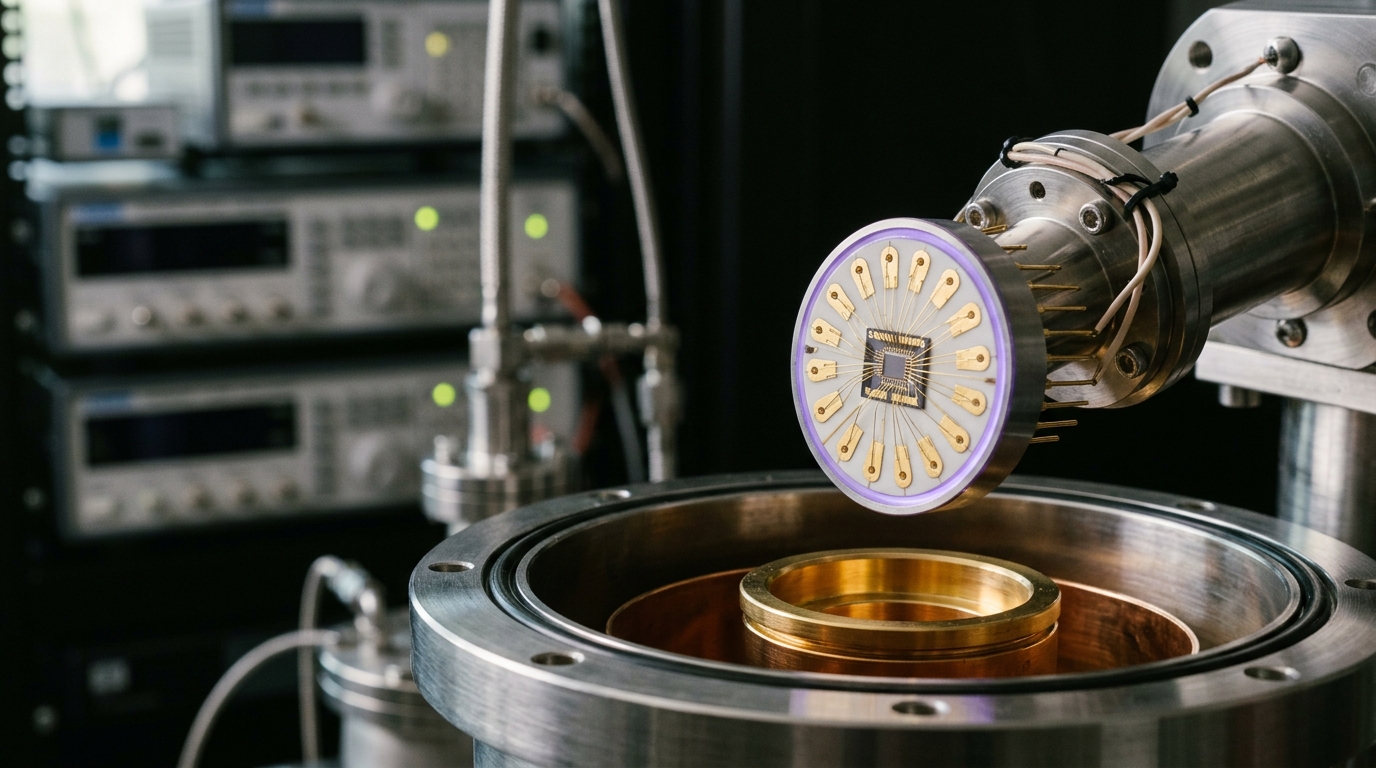 A four-probe transport puck being lowered on its cold finger into the cryostat bore, its wire-bonded chip and gold contact pads still tilted off the mating socket