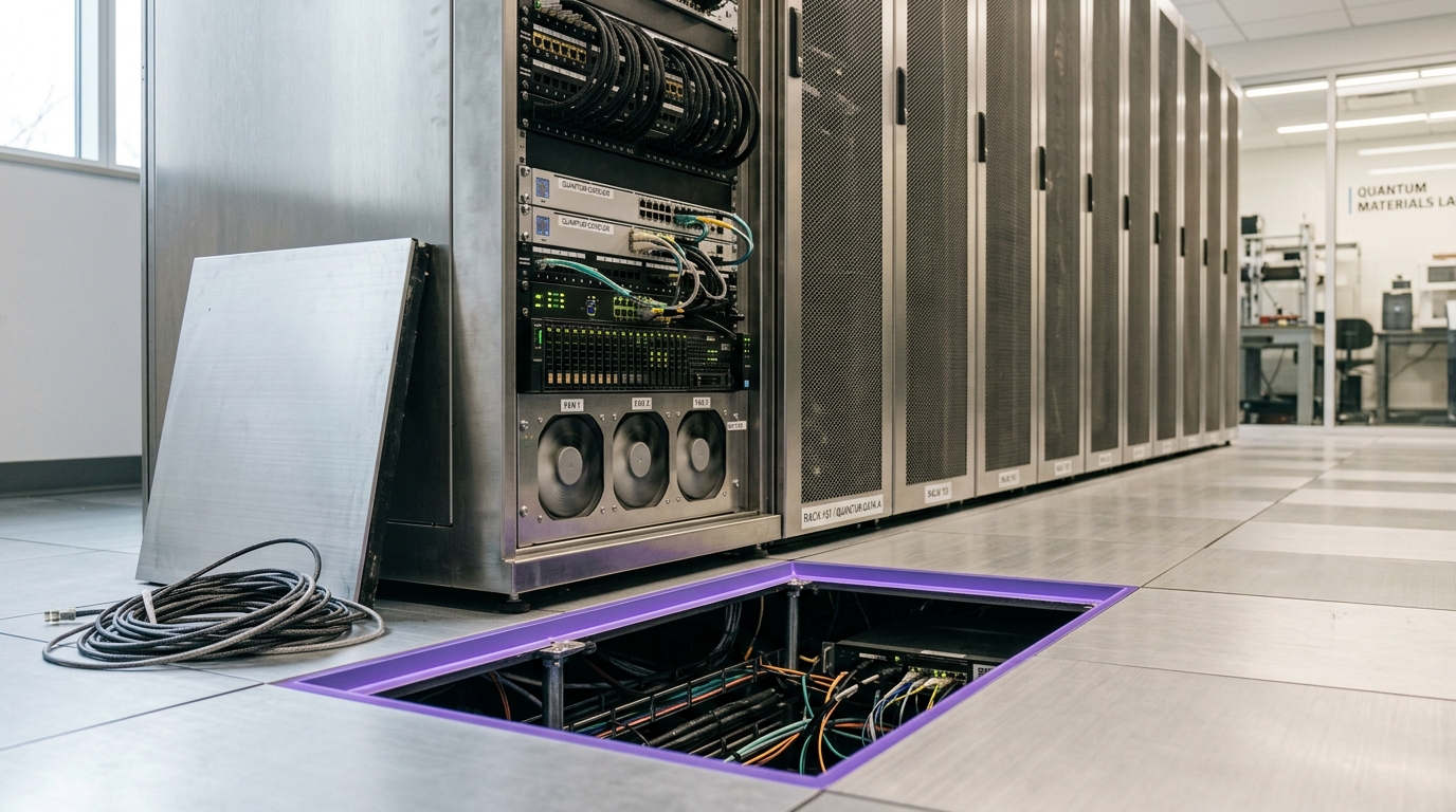 A second, larger bank of compute racks behind reinforced flooring, cooling fans mid-spin and a floor tile still lifted for cabling nearby