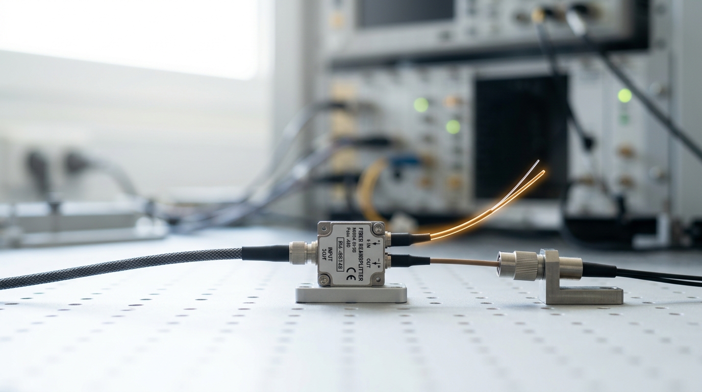 A single fibre patchcord approaching a fibre beamsplitter where it visibly divides into two output pigtails, one still slightly loose in its ferrule