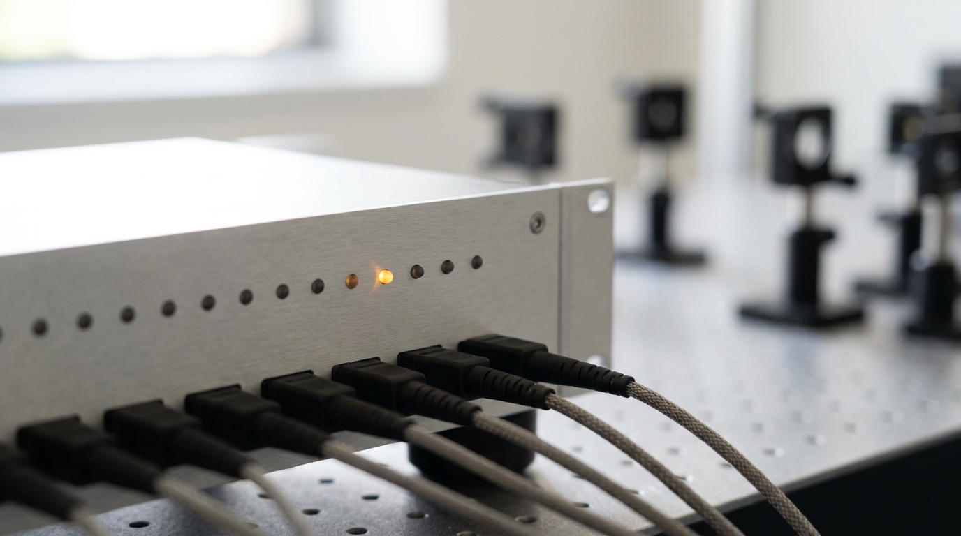 A rack-mounted coincidence-counting module with one indicator LED just lit mid-flicker while an adjacent channel's LED is still dark