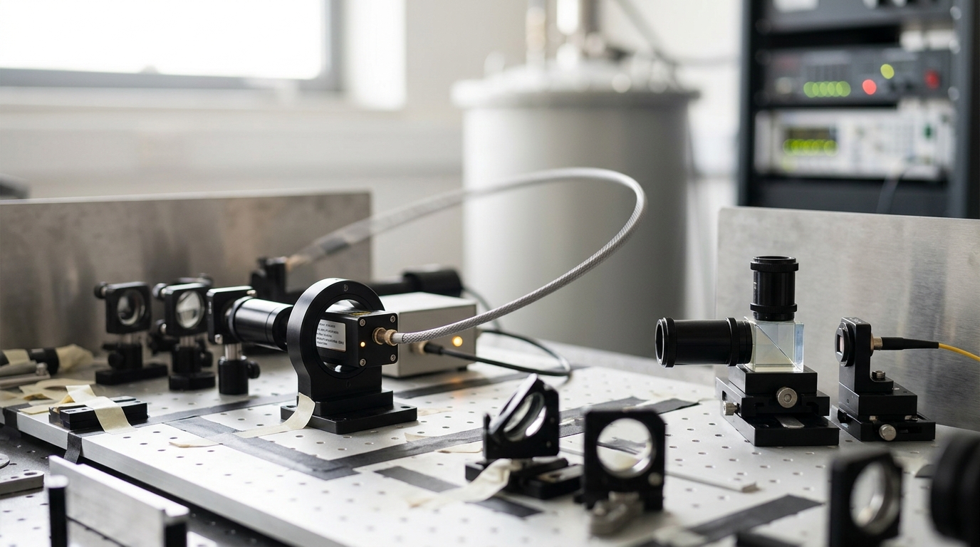 A fast electro-optic modulator on a rotation mount with its drive voltage cable still swinging, positioned between the crystal and one of the detector arms