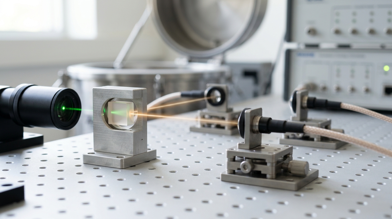 A small heated oven mount holding a nonlinear crystal on an optical breadboard, one faint pair of down-converted beams just diverging from it toward two distant fibre couplers