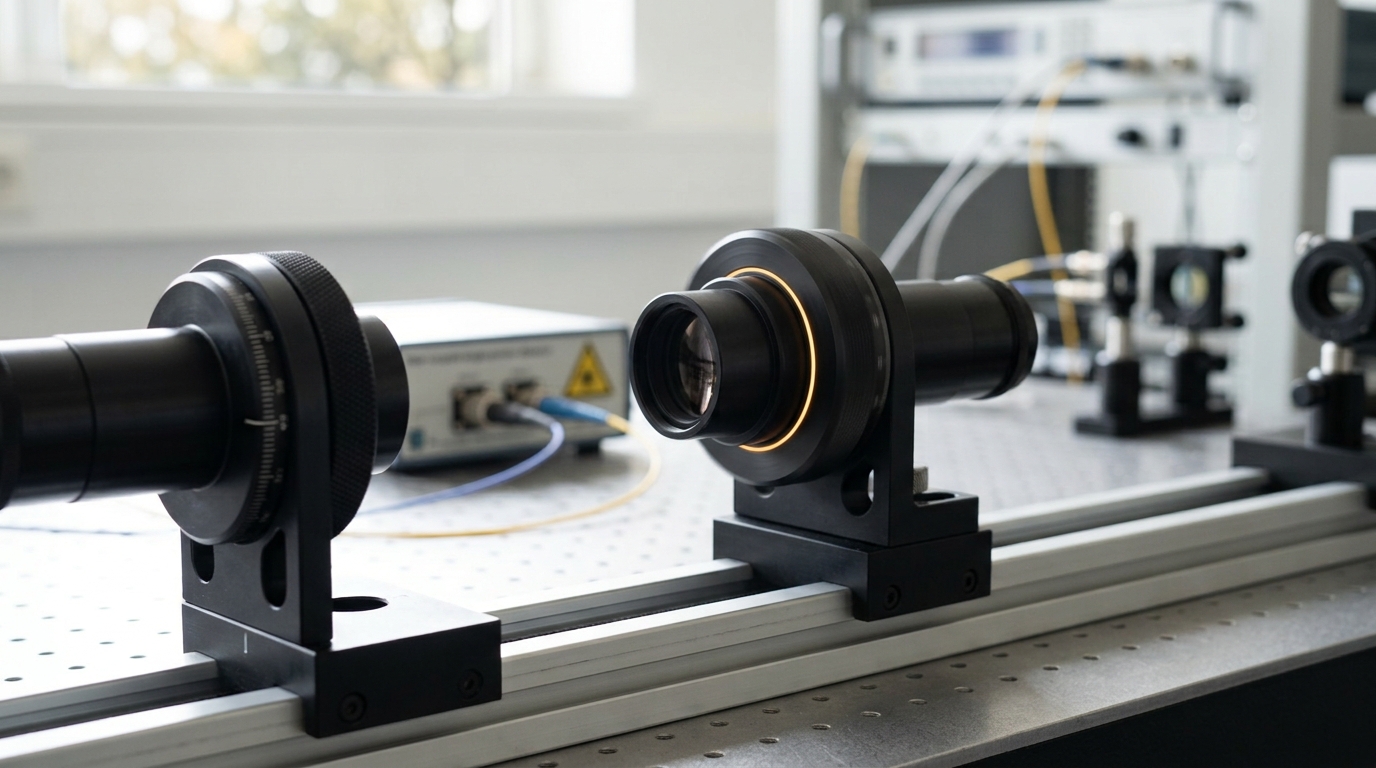 A sequence of two wave-plate and polariser stages on a shared rail, the second stage's rotation mount still turning to its next setting while a photon waits at the first