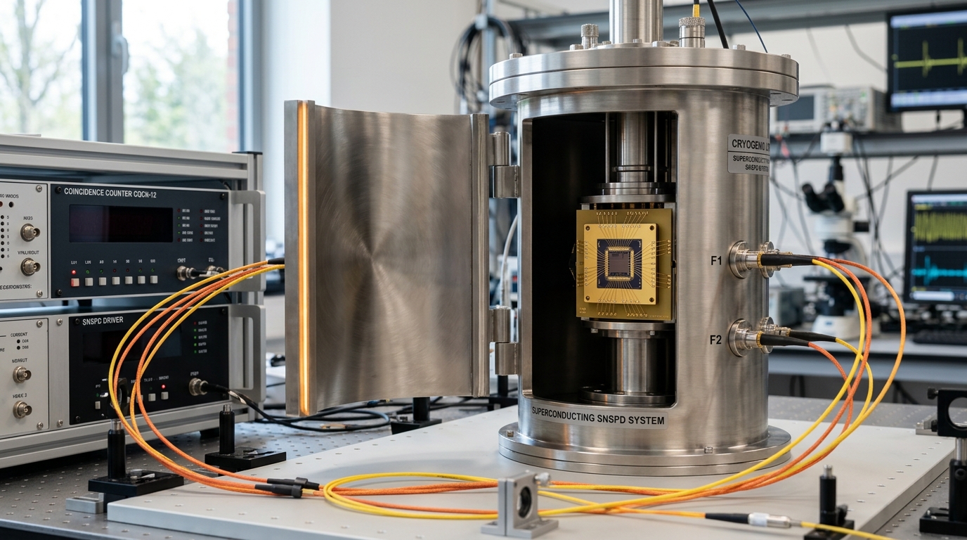 A closed-cycle cryostat with its outer radiation shield swung half open, the superconducting nanowire detector chip inside just catching the room light
