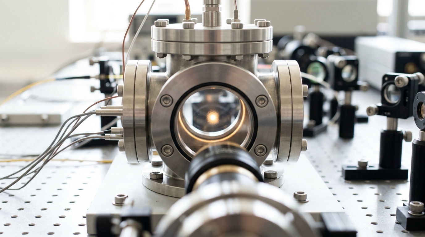 A small optically levitated nanoparticle held in a focused trap beam inside a vacuum chamber viewport, its position signal still settling on a nearby readout