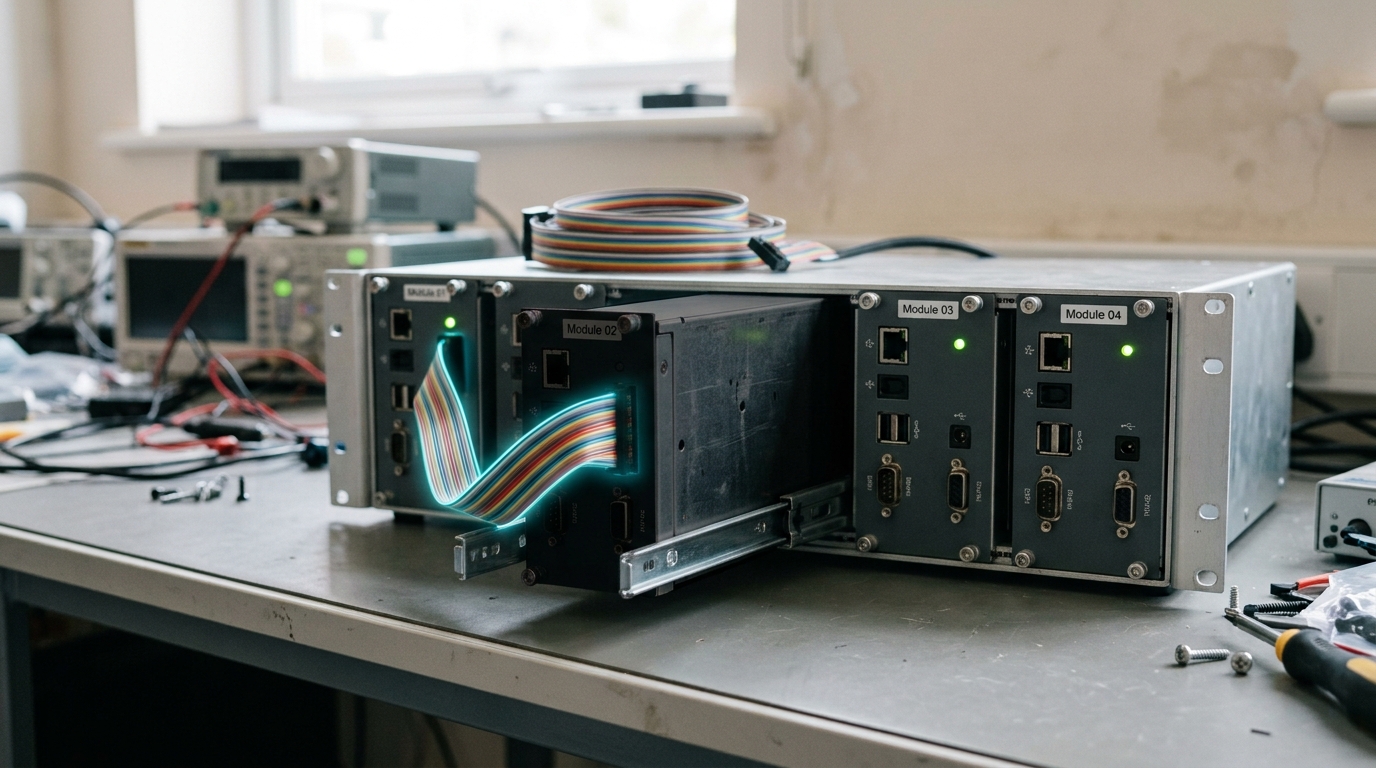 A rack of four separate sheet-steel compute modules on a lab bench, one module drawn part-way out on its rails mid-swap while its neighbours stay seated and lit
