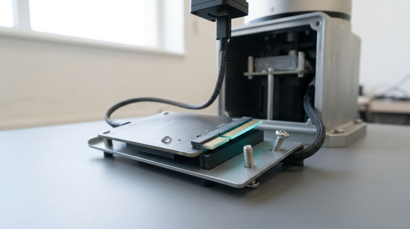 A single compact inference board being seated into a mounting bracket at a robot arm's base, one captive screw part-driven and its connector not yet fully mated