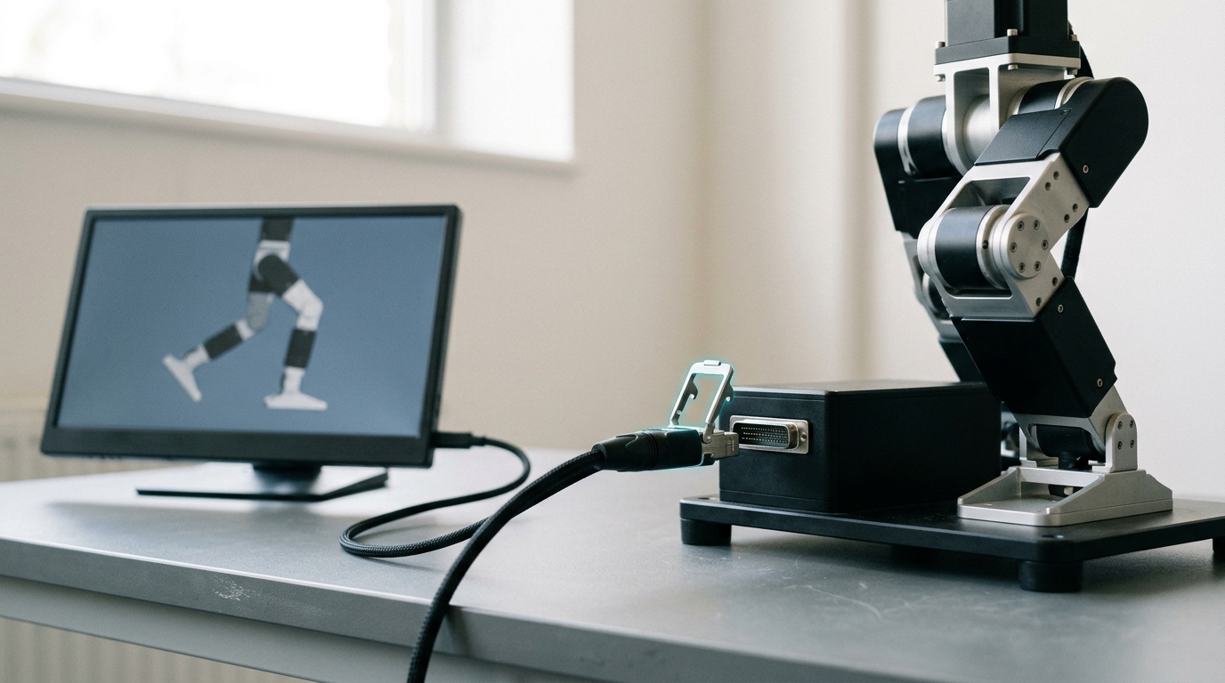 A sim-to-real test cell with a small robot leg rig beside a simulation workstation, a single data connector caught part-way into its socket as a trained policy is handed from simulation to hardware