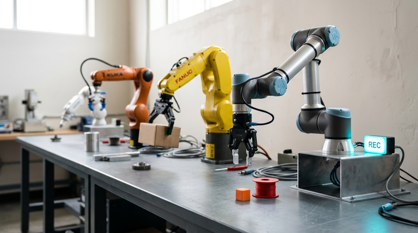 A row of distinct benchmark test stations along a long bench, each with a different robot arm and gripper mid-trial on a broadly similar task, the nearest station's recording indicator caught just lighting
