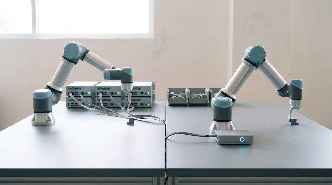 Two collaborative robot arms on a shared test bench performing the same task through different control hardware, a rack of separate compute modules behind the left arm and a single inference board behind the right, one indicator light caught mid-change