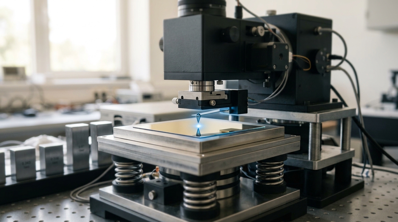 An atomic force microscope head lowering its cantilever tip toward a sample on an isolation stack in open air