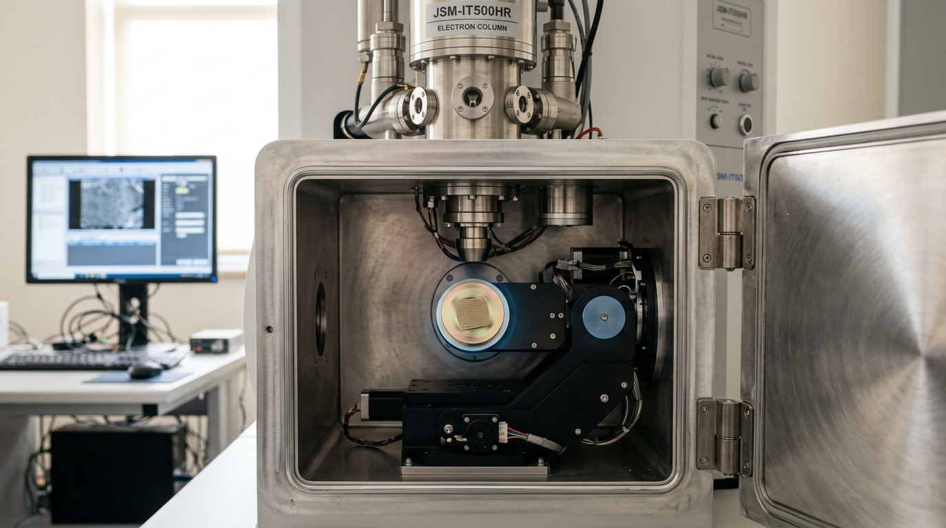 A scanning electron microscope sample chamber open, a sputter-coated specimen stub on its stage catching light