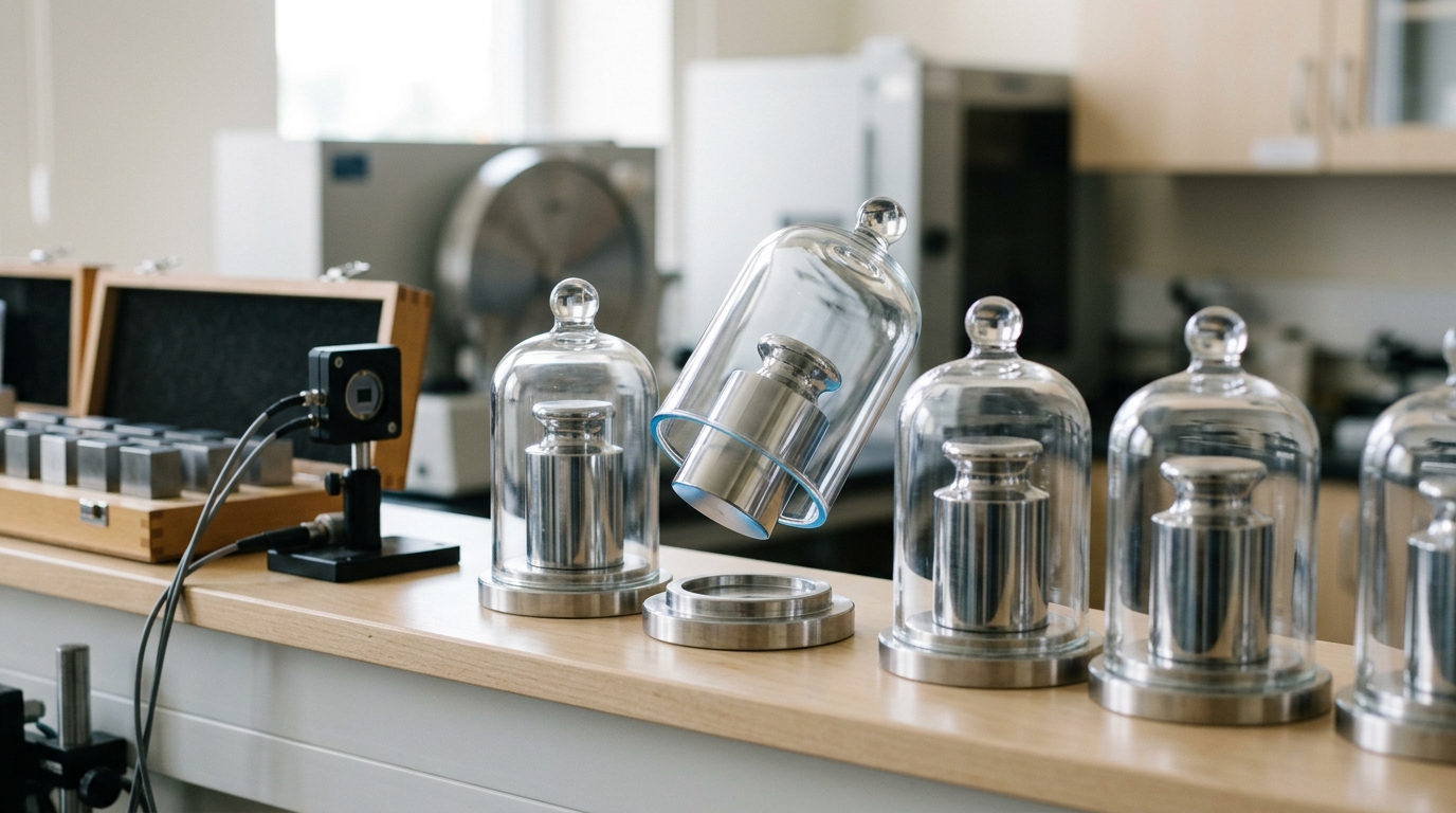 A shelf of primary reference standards under glass bell jars, a technician's calibration certificate binder open on a cart nearby