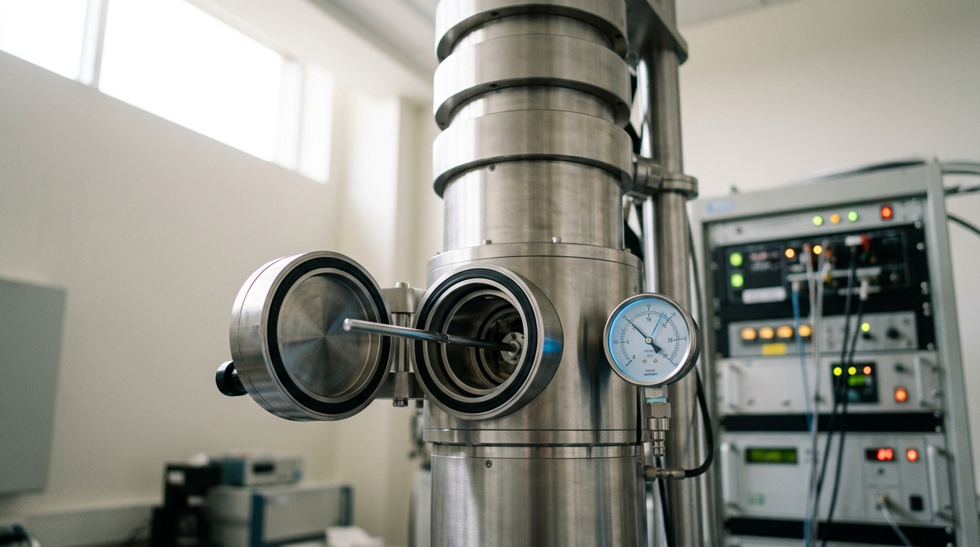 A transmission electron microscope column open for sample loading, the specimen holder rod partway into the airlock