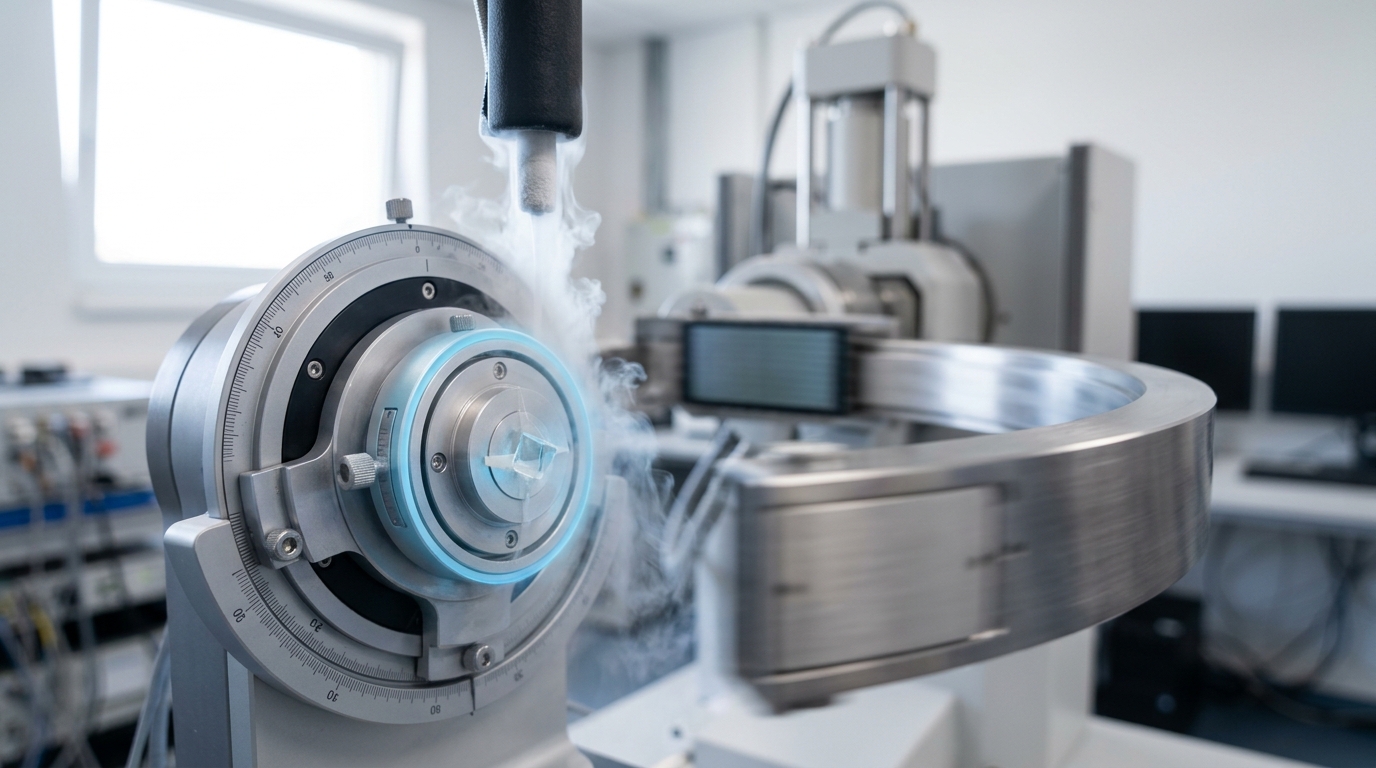 A diffractometer goniometer arm sweeping past a mounted crystal in its cryostream, a detector arm following behind