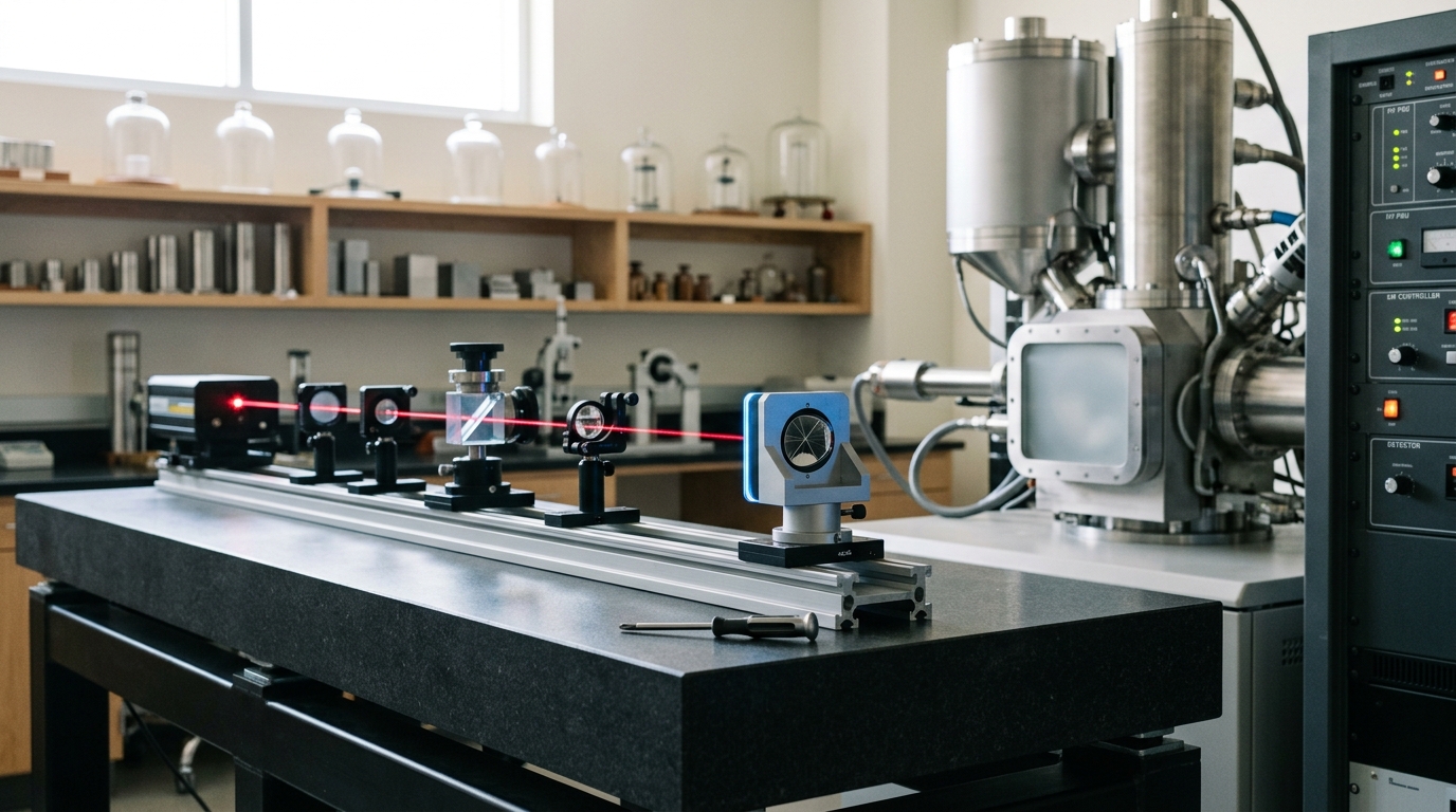 A calibration laboratory bench at dawn light, an interferometer mid-alignment beside a vacuum-chamber electron microscope column
