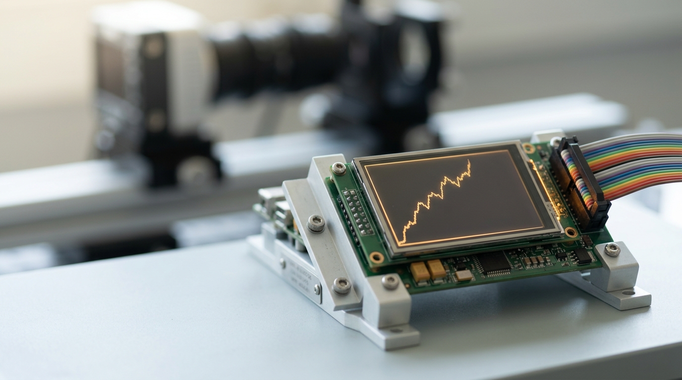 A data-acquisition card on an optical bench with a small trace still climbing across its onboard display, the connector beside it only half-seated