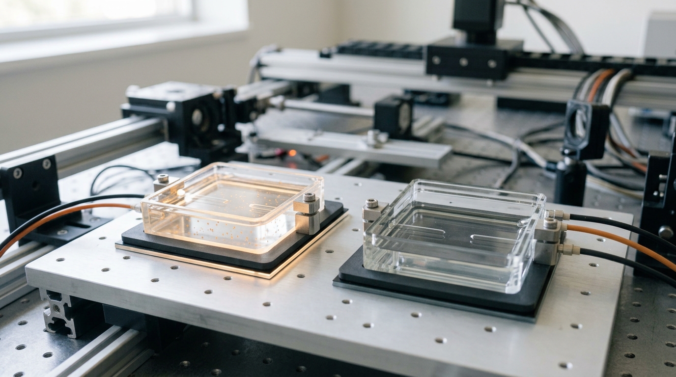 Two shallow glass chambers side by side on the optical table, one lit and holding faintly moving colloidal particles, the other dark and still empty of light