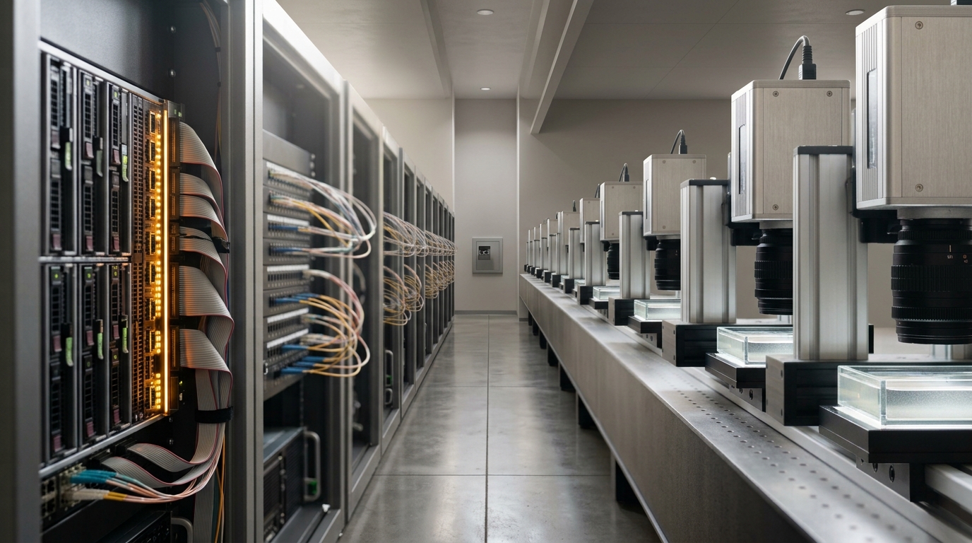 A row of server blades with status LEDs mid-blink standing back to back with a high-speed camera on a geared rail, the camera still creeping into focus on a lit glass chamber of colloidal particles across the aisle