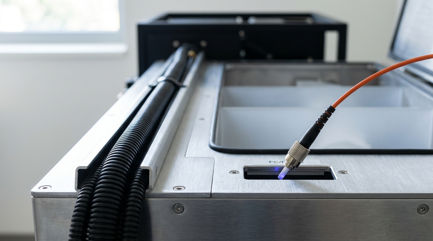 A fiber patch panel with one cable still being seated into an open port, the fiber's ferrule caught just short of the click