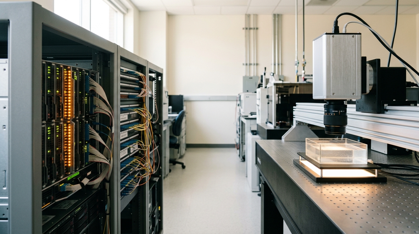 A blade server drawer half-withdrawn from its rack, its status LEDs mid-pattern in a column that has not finished lighting, a technician's cable still swinging loose beside it