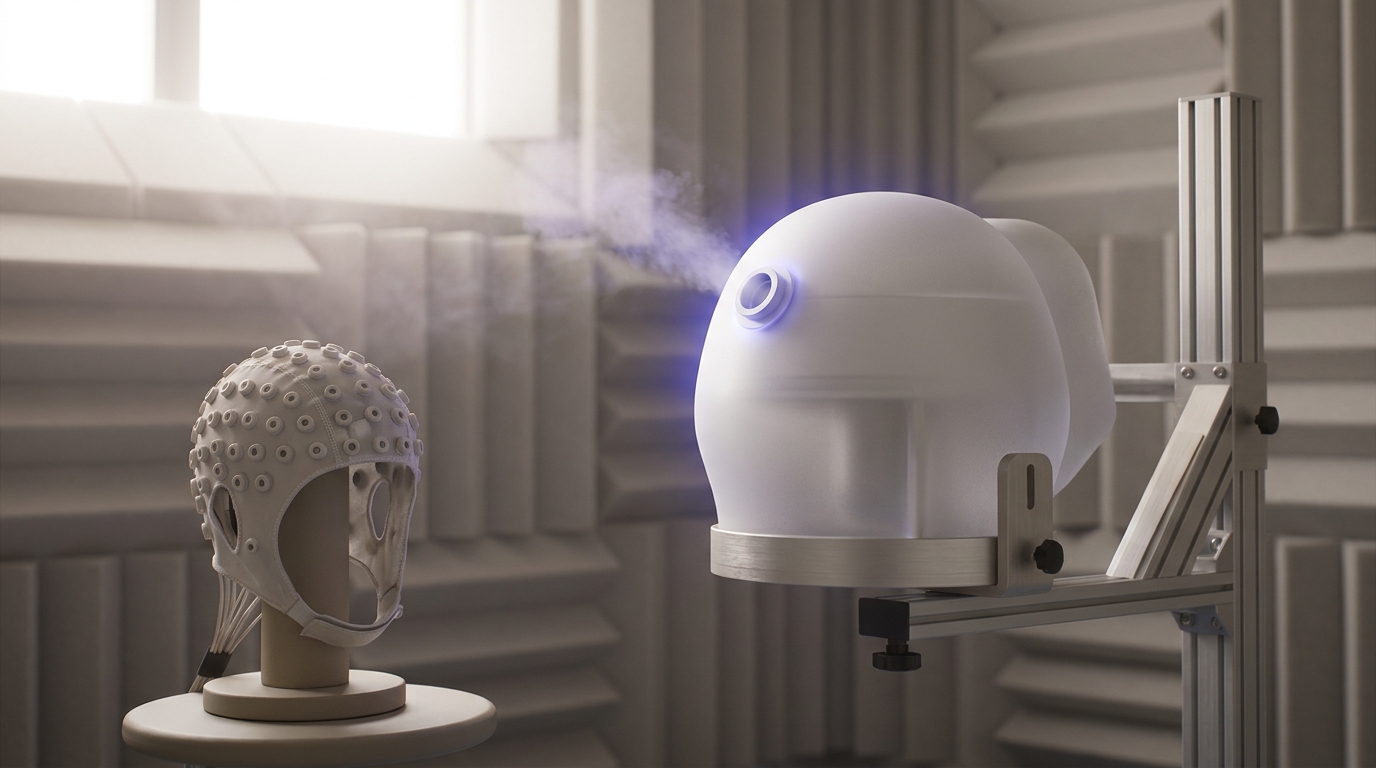 An EEG electrode cap and a MEG helmet dewar resting side by side on padded stands in a shielded room.