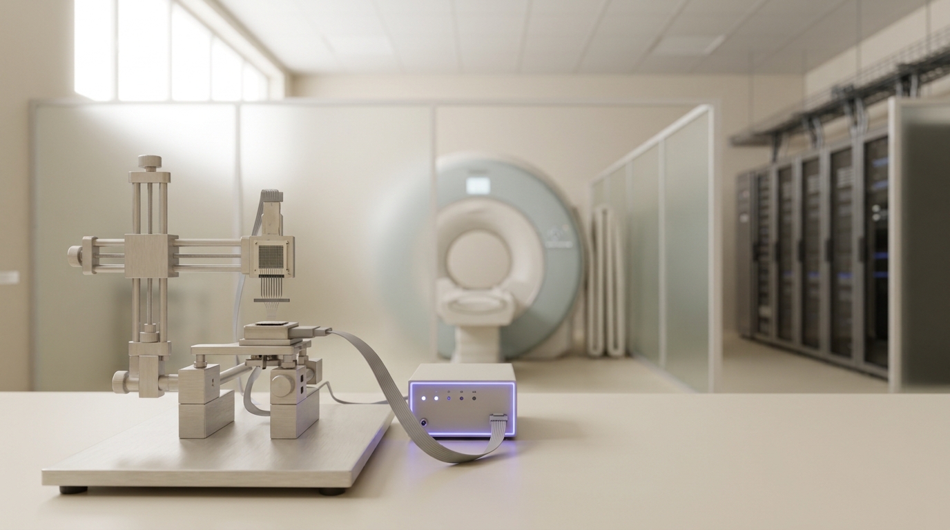 A wide lab floor at eye level showing a microelectrode array rig in the foreground, an MRI scanner bay behind a glass partition in the middle distance, and a server rack cluster receding into soft focus beyond it.