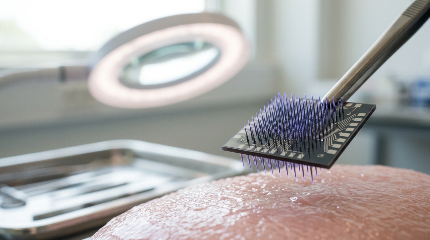 A close macro view of a small silicon microelectrode array being lowered on a fine manipulator toward exposed cortical tissue analog under a surgical light ring.