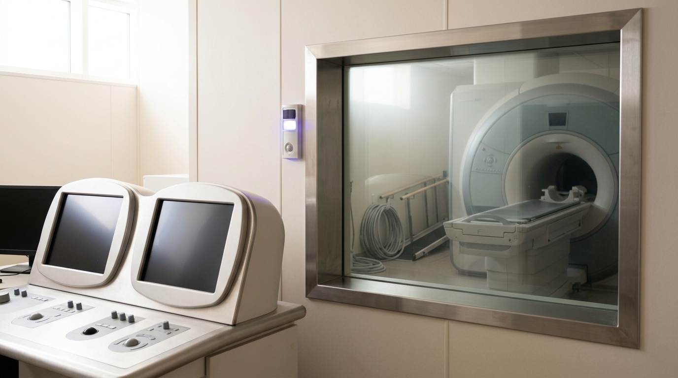 An MRI control room with a technician console facing a large window into the scanner bay, the bore and patient table visible beyond the glass.